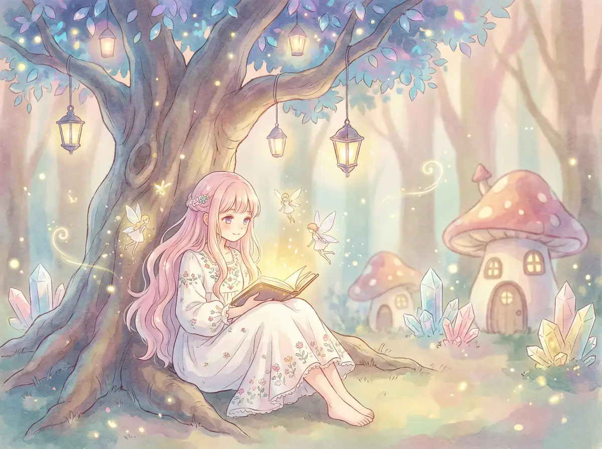 蝴蝶刀教程 - 魔法森林中阅读故事书的粉发少女与精灵